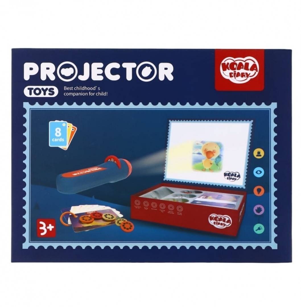 Proiector pentru copii, 6 discuri, 48 imagini, 8 cartonase cu povesti in limba engleza, multicolor, 13 cm