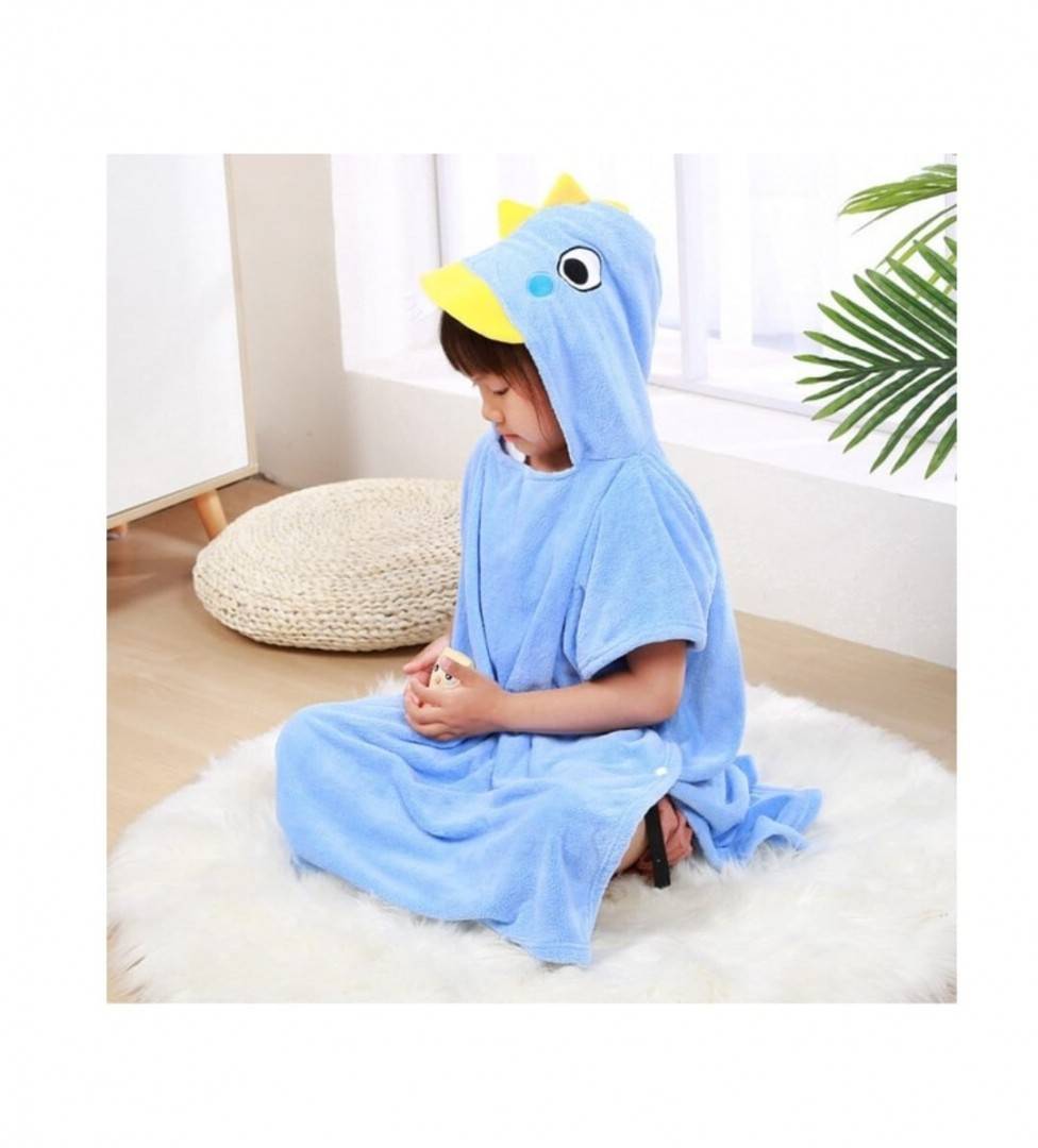 Prosop de Baie cu gluga pentru copii, model Dino, absorbant, moale si pufos, 140 cm x 70 cm, albastru