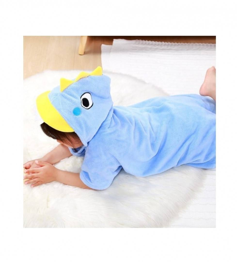 Prosop de Baie cu gluga pentru copii, model Dino, absorbant, moale si pufos, 140 cm x 70 cm, albastru