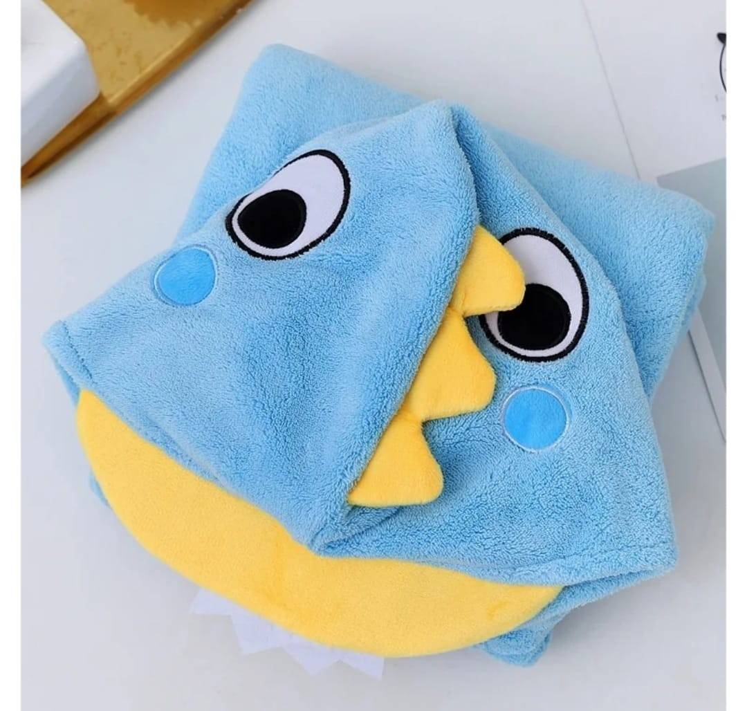 Prosop de Baie cu gluga pentru copii, model Dino, absorbant, moale si pufos, 140 cm x 70 cm, albastru