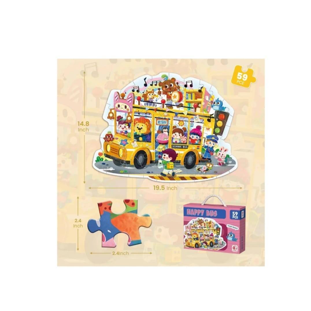 Puzzle copii, Autobuzul Fericit, multicolor, piese mari, 59 piese, 49 cm x 37 cm, 3 ani+