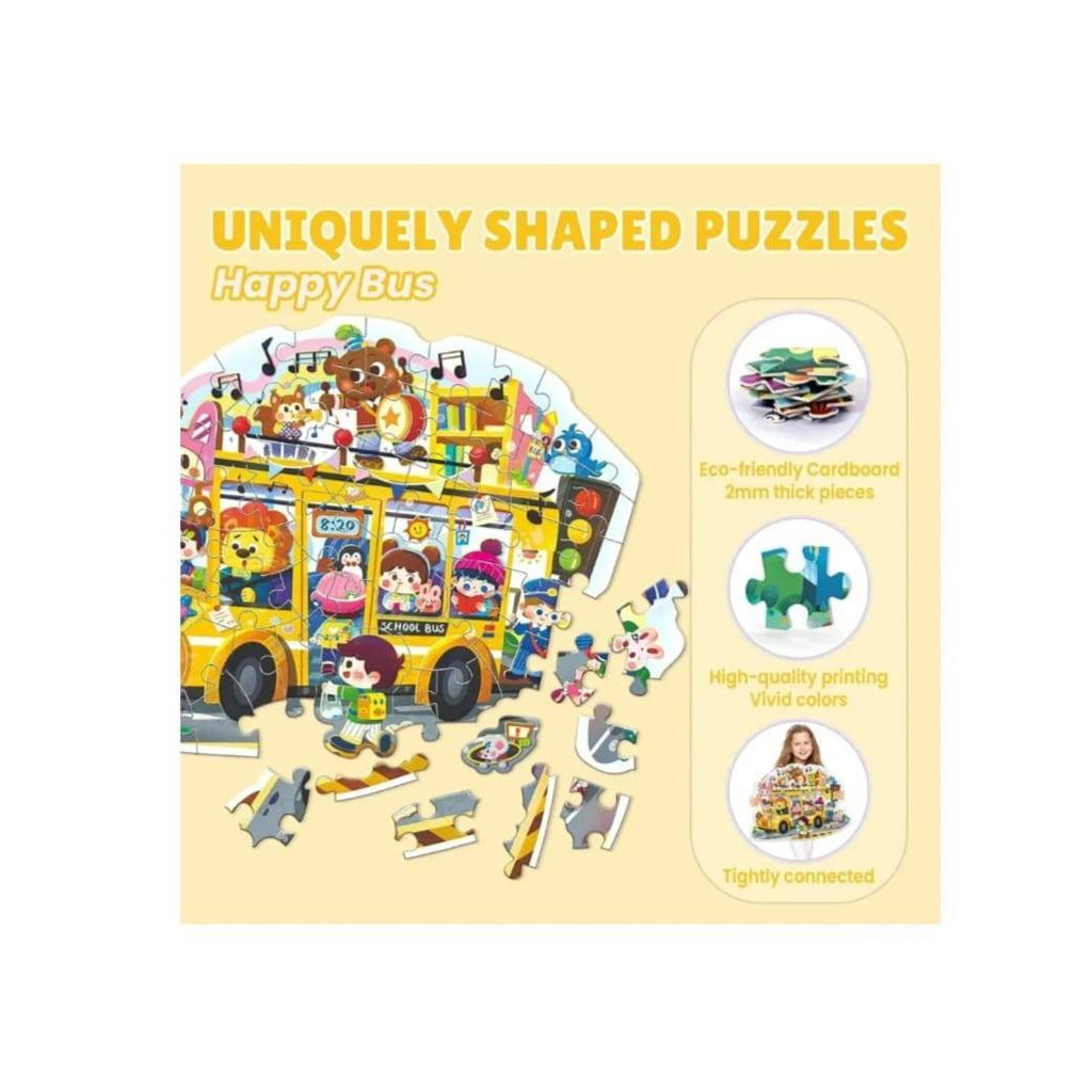 Puzzle copii, Autobuzul Fericit, multicolor, piese mari, 59 piese, 49 cm x 37 cm, 3 ani+