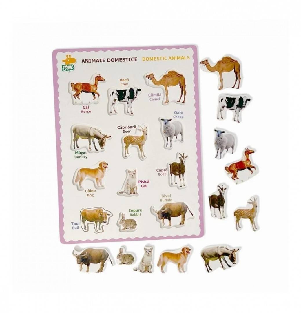 Puzzle din lemn 3D Animale domestice, in limba romana, 31 cm