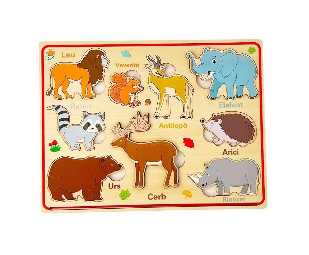 Puzzle din lemn 3D, Animale Salbatice in limba romana, 30 cm