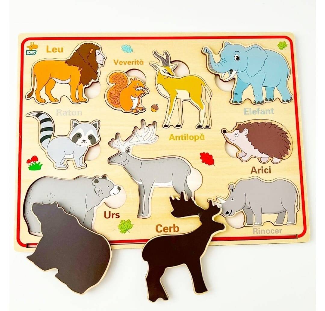 Puzzle din lemn 3D, Animale Salbatice in limba romana, 30 cm