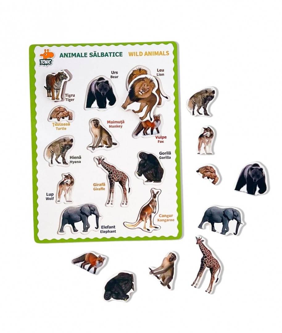Puzzle din lemn 3D Animale Salbatice in limba romana, 31 cm
