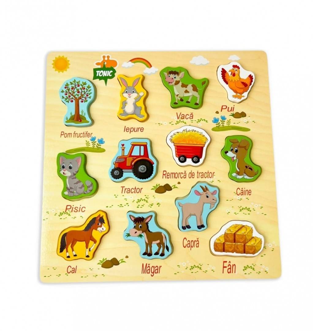 Puzzle din lemn 3D Ferma Animalelor in limba romana, 30 cm