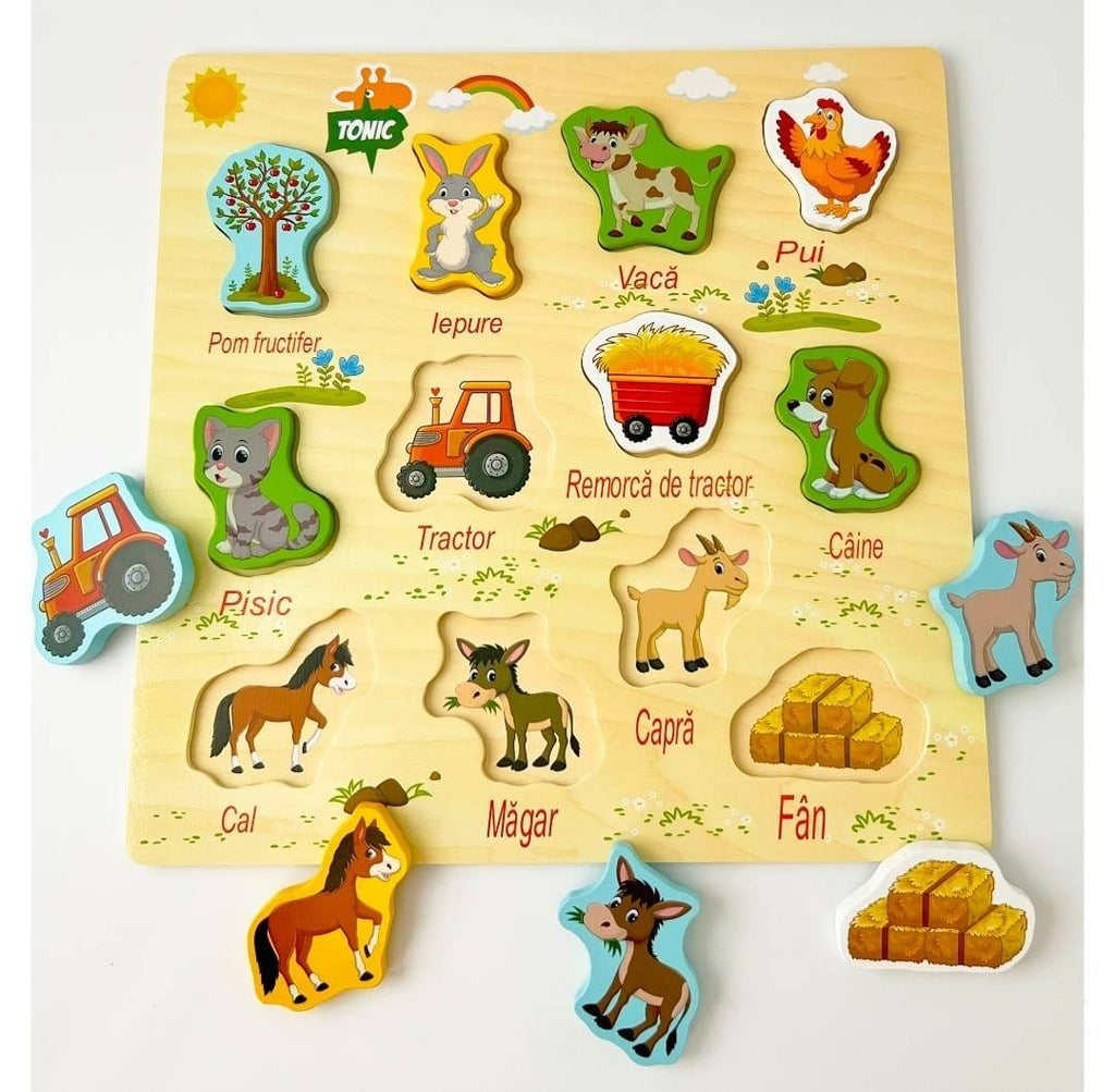 Puzzle din lemn 3D Ferma Animalelor in limba romana, 30 cm