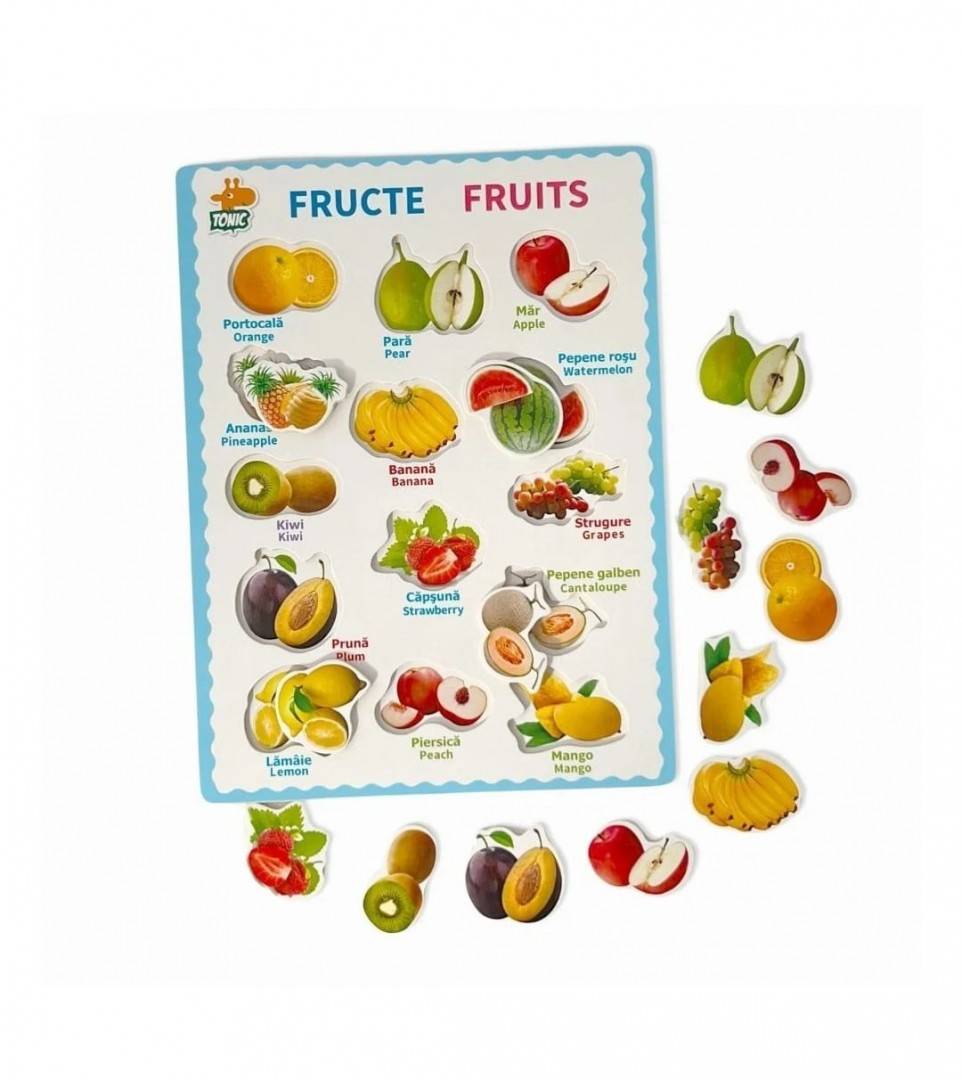 Puzzle din lemn 3D Fructe in limba romana, 31 cm
