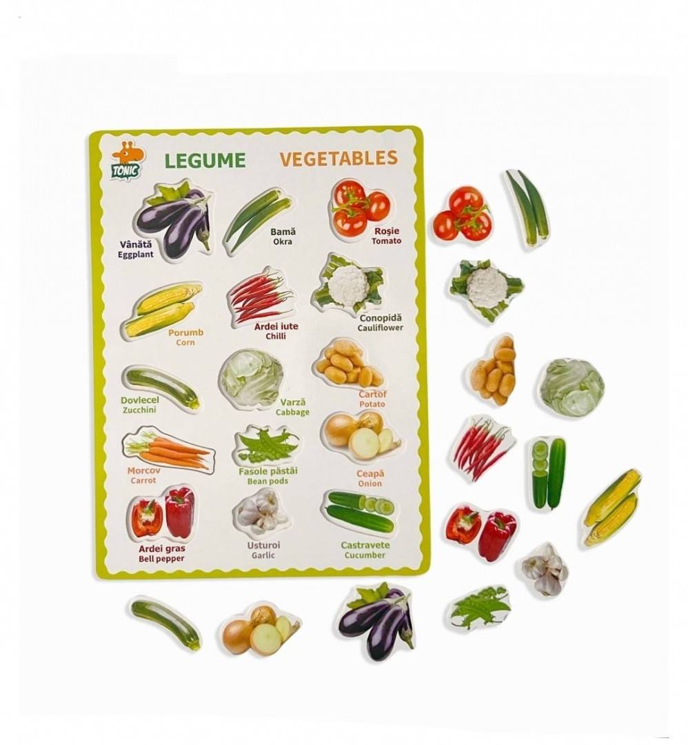 Puzzle din lemn 3D Legume in limba romana, 30 cm