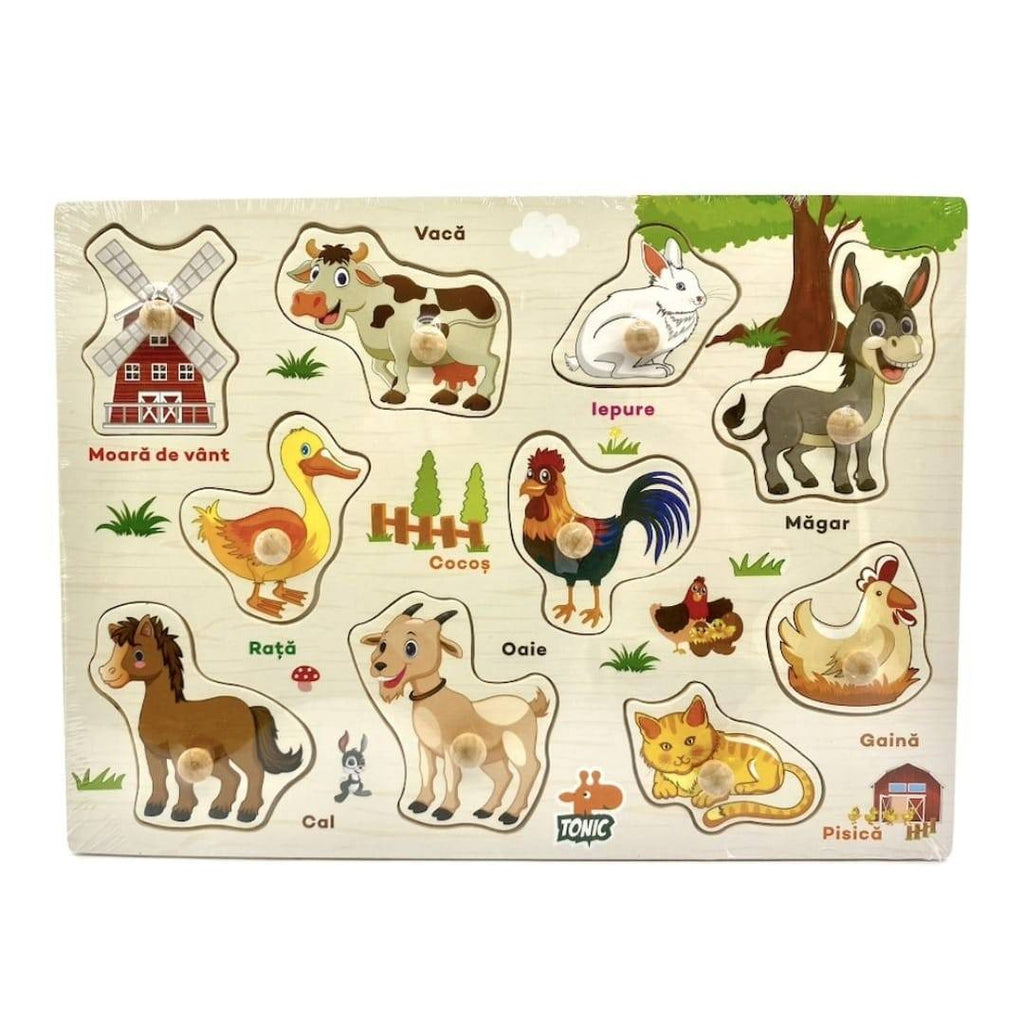 Puzzle din lemn cu incastru educativ, Animale Domestice, in romana, , 10 piese