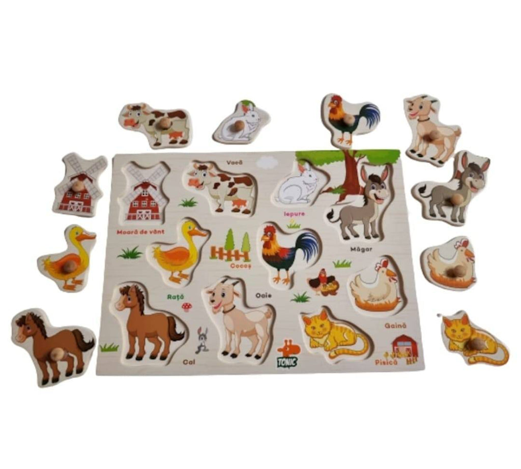 Puzzle din lemn cu incastru educativ, Animale Domestice, in romana, , 10 piese