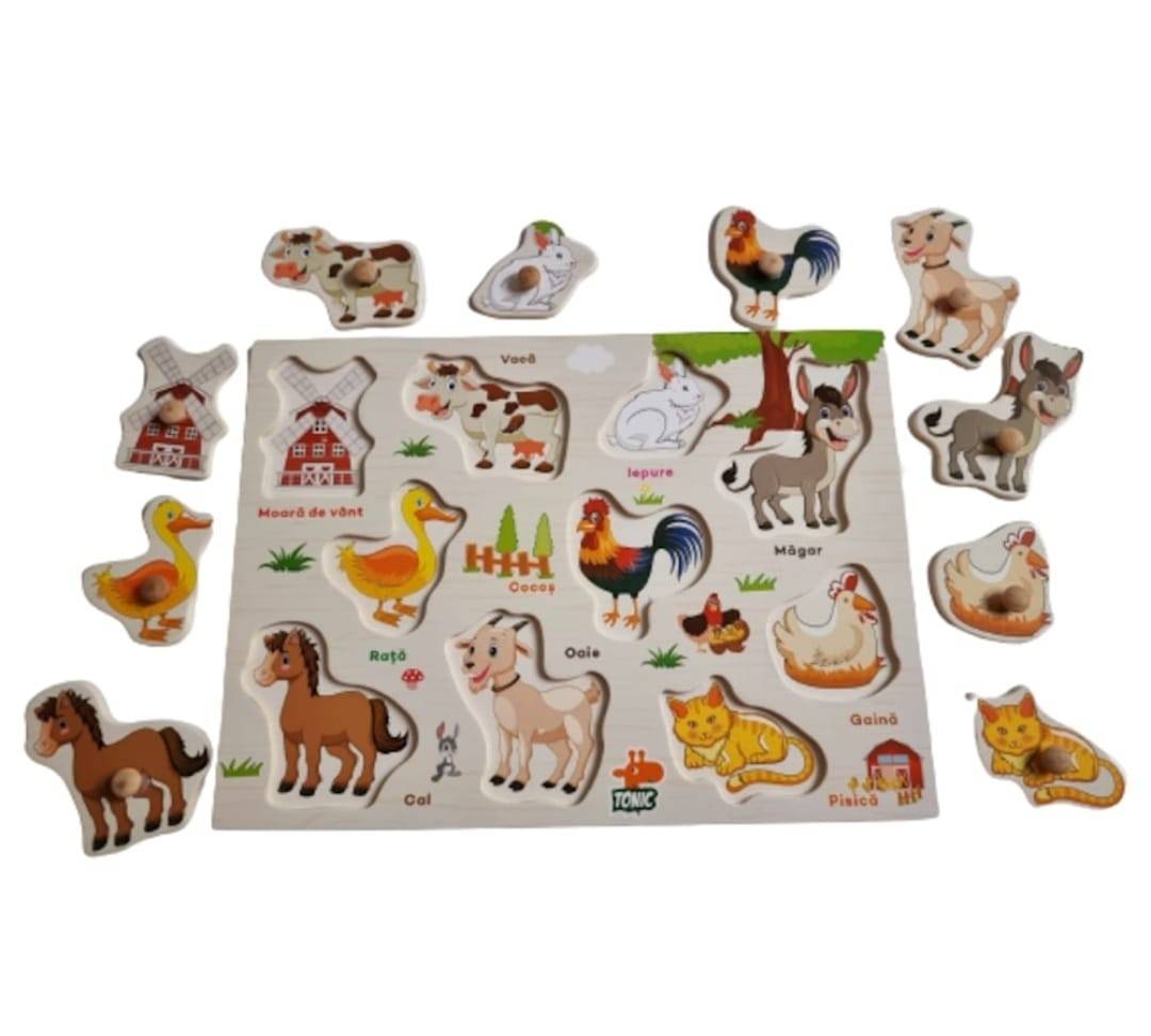 Puzzle din lemn cu incastru educativ, Animale Domestice, in romana, , 10 piese