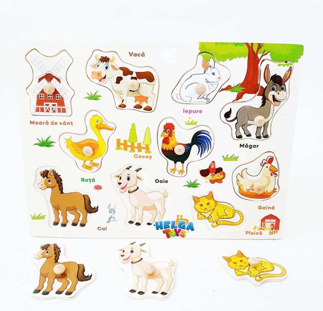 Puzzle din lemn cu incastru educativ, Animale Domestice, in romana, , 10 piese