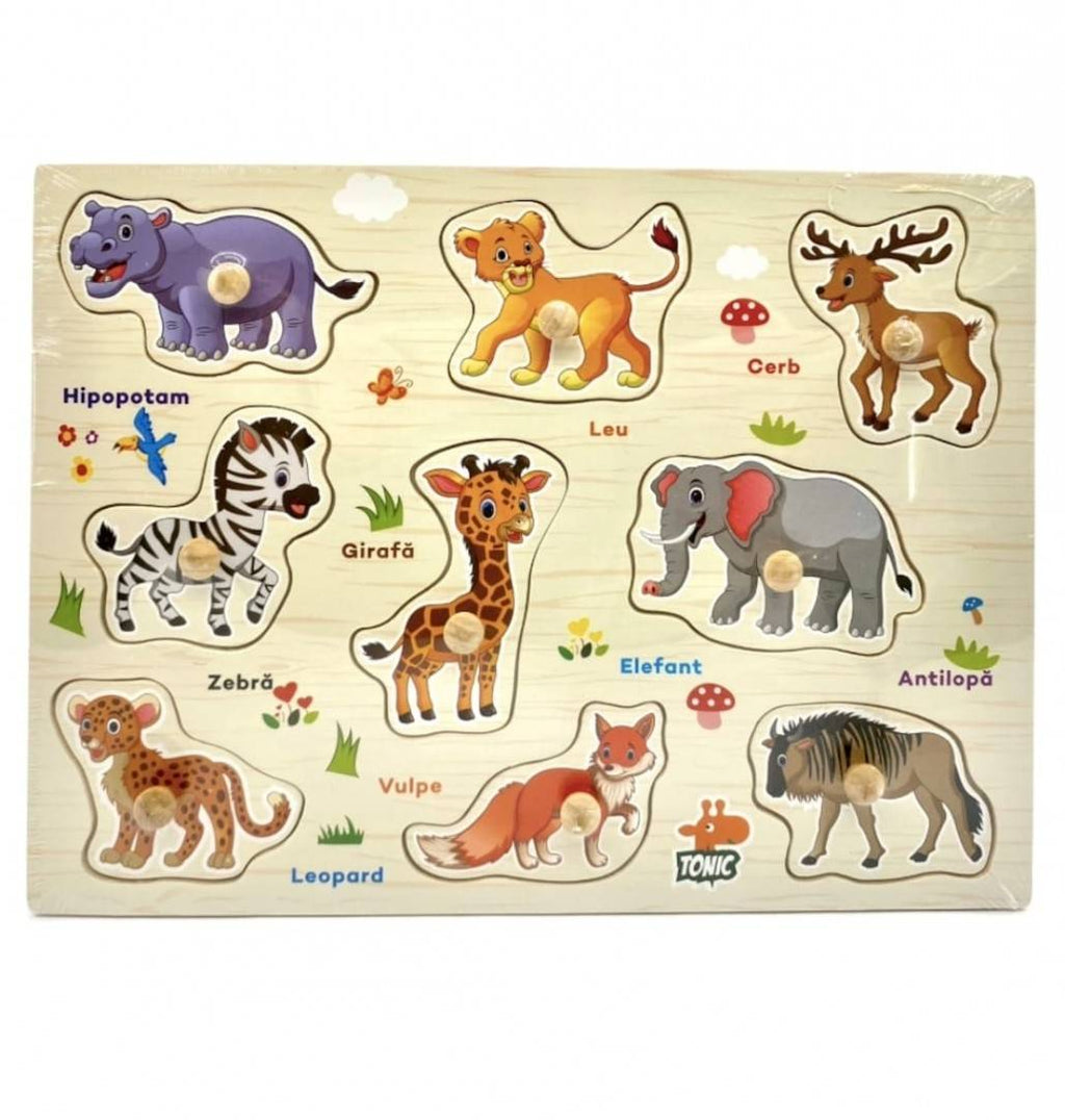 Puzzle din lemn cu incastru educativ, Animale Salbatice,  in romana, , 10 piese