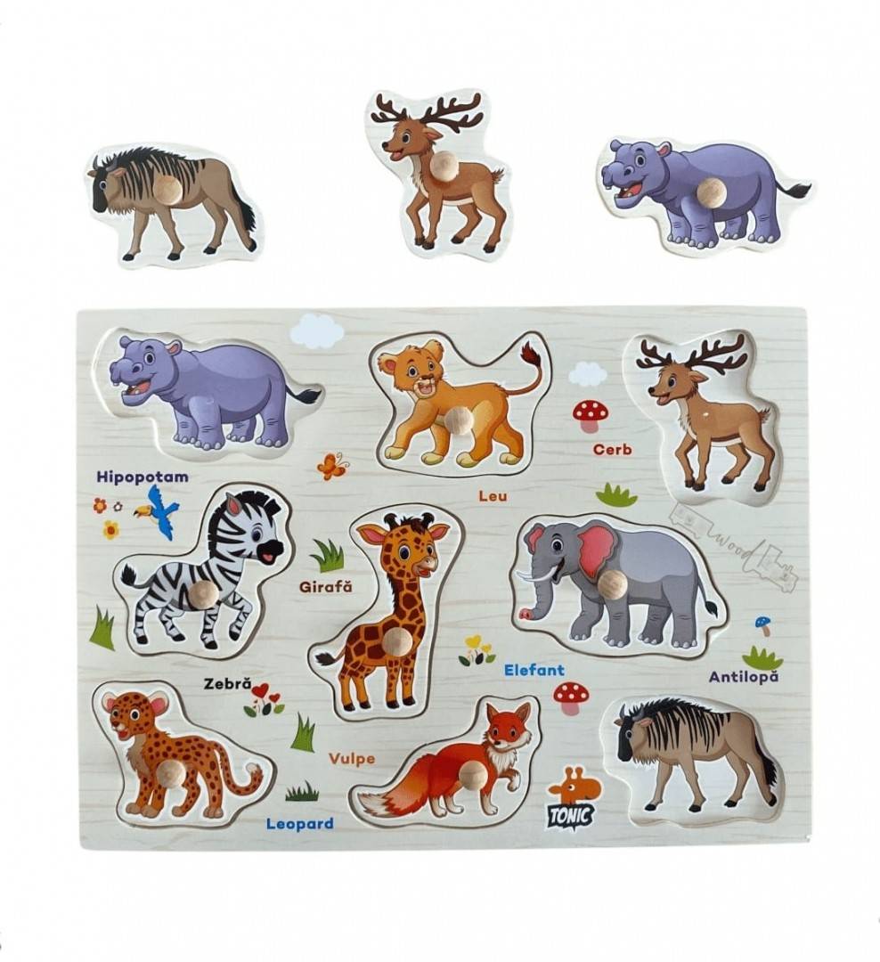 Puzzle din lemn cu incastru educativ, Animale Salbatice,  in romana, , 10 piese