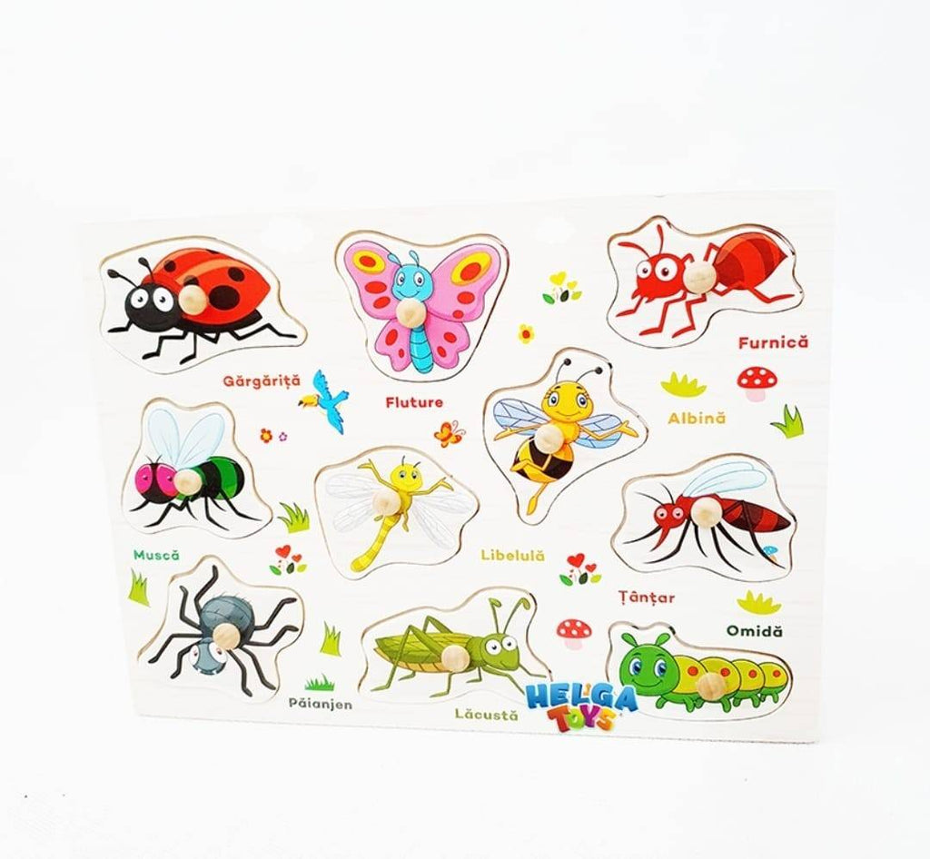 Puzzle din lemn cu incastru educativ, Insecte,  in romana, , 10 piese