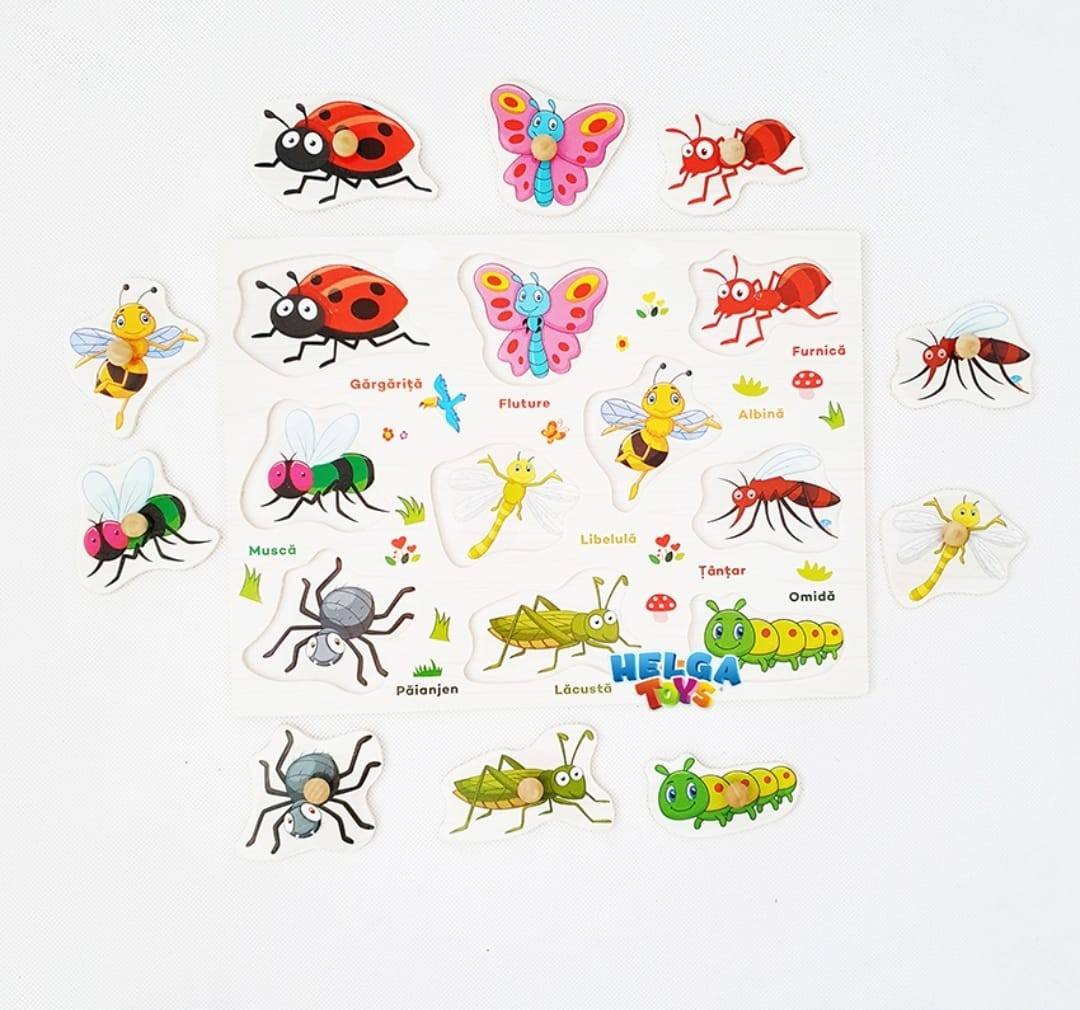 Puzzle din lemn cu incastru educativ, Insecte,  in romana, , 10 piese