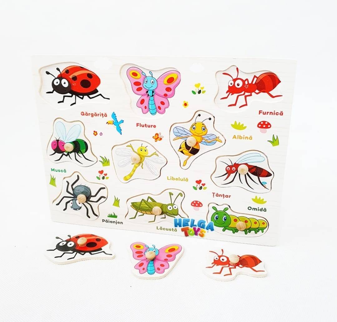 Puzzle din lemn cu incastru educativ, Insecte,  in romana, , 10 piese