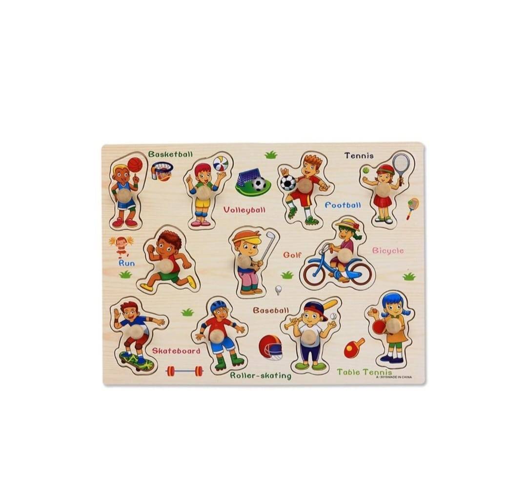Puzzle din lemn cu maner, model Activitati Sportive, lemn