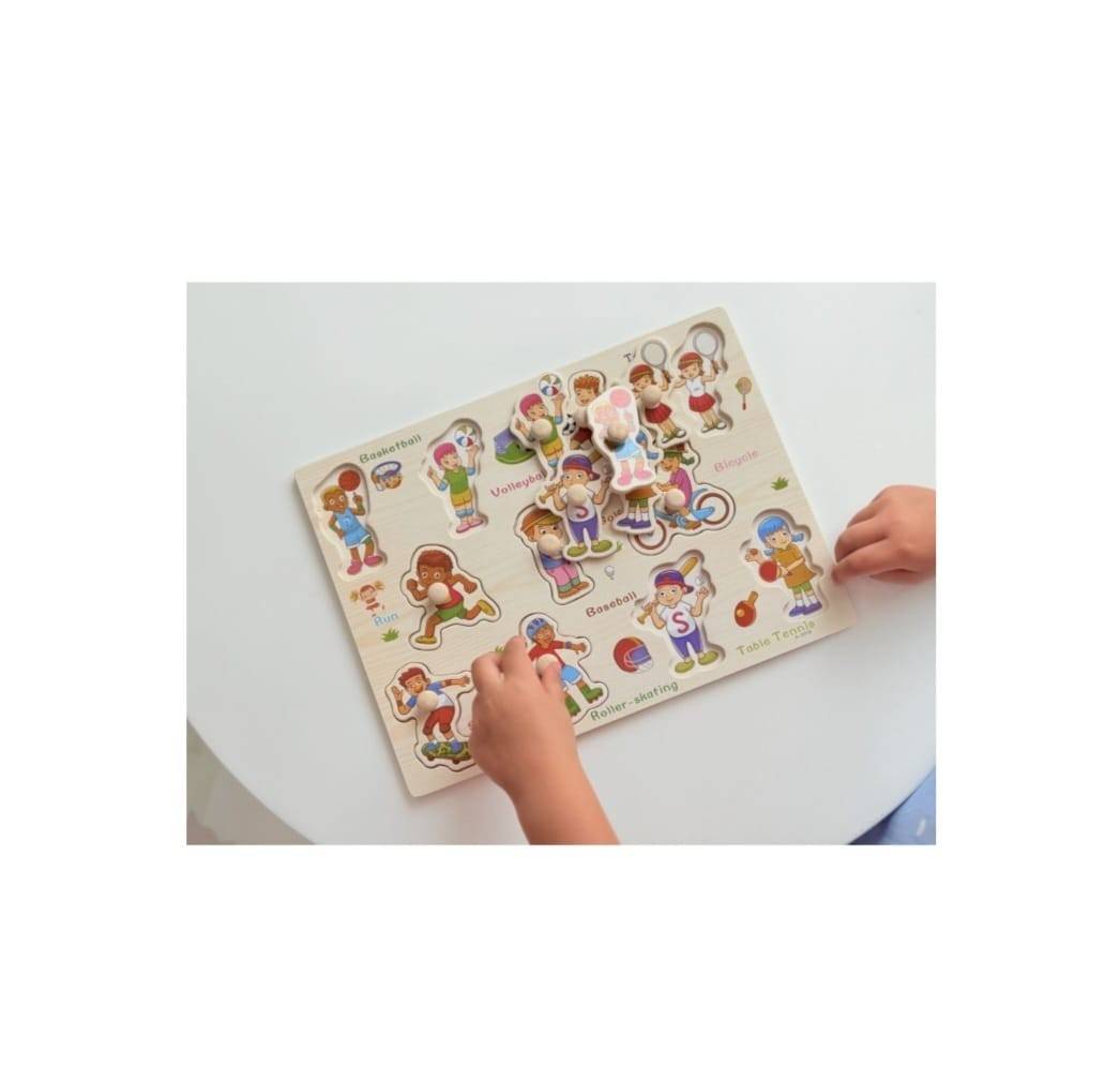 Puzzle din lemn cu maner, model Activitati Sportive, lemn