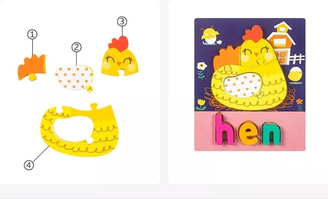 Puzzle din lemn, Hen, Gaina, 8 piese, multicolor, 2 ani+