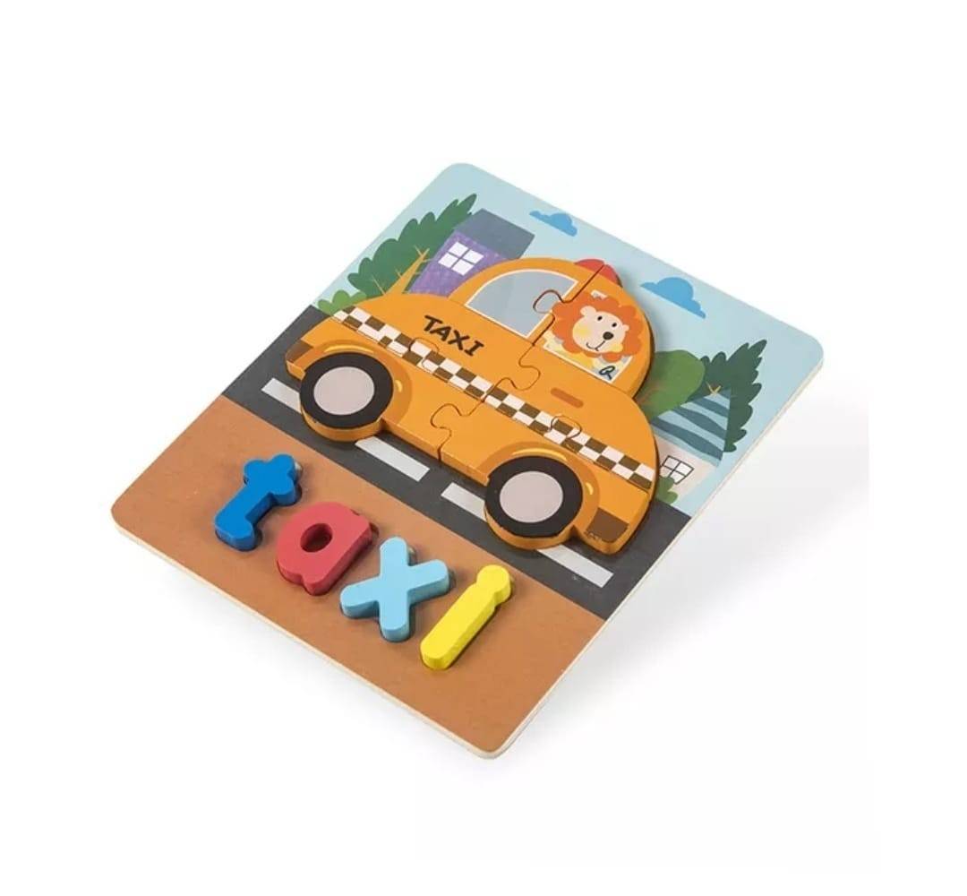 Puzzle din lemn, Taxi, 8 piese, multicolor, 2 ani+