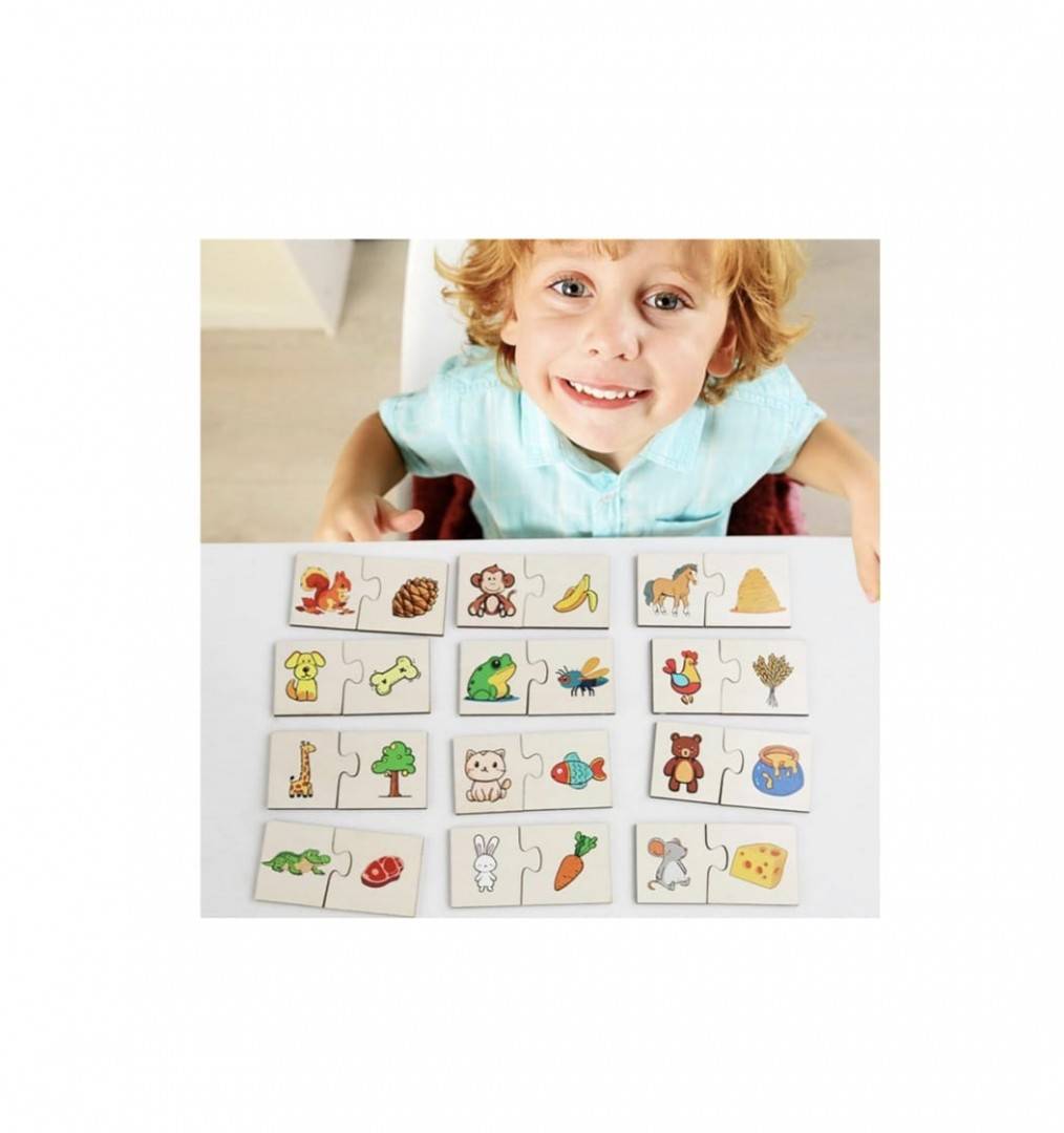 Puzzle educativ de asociere pentru copii, Hraneste Animalul, montessori, lemn, 24 piese