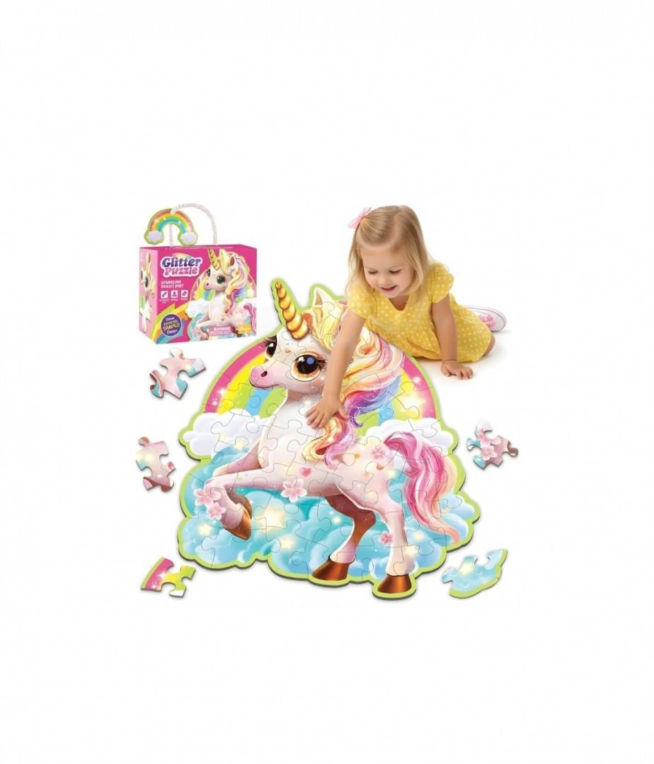 Puzzle gigant, Unicorn, Glitter, carton gros, lucios, sclipicios, 45 piese, 70x95 cm, 3-6 ani, multicolor