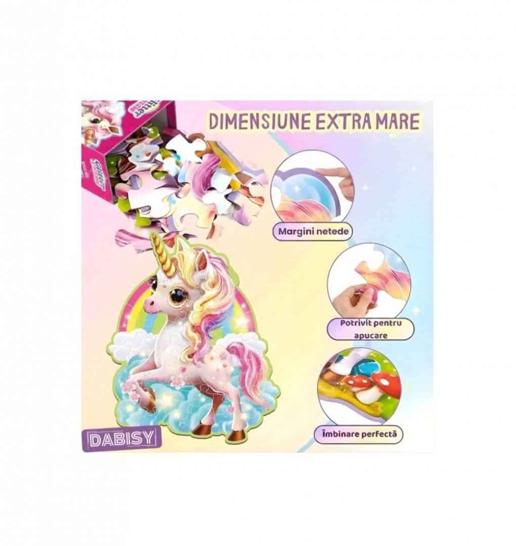 Puzzle gigant, Unicorn, Glitter, carton gros, lucios, sclipicios, 45 piese, 70x95 cm, 3-6 ani, multicolor