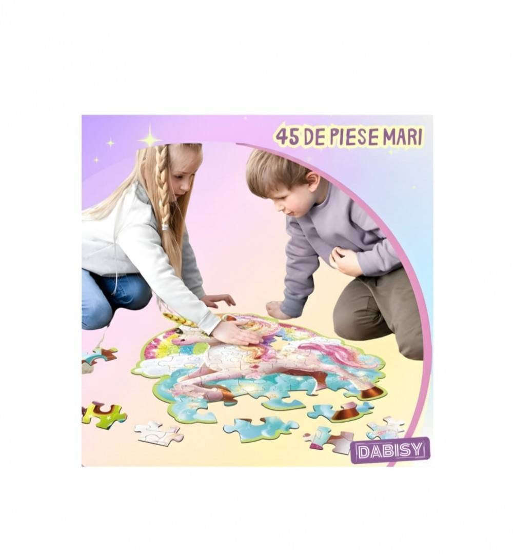 Puzzle gigant, Unicorn, Glitter, carton gros, lucios, sclipicios, 45 piese, 70x95 cm, 3-6 ani, multicolor
