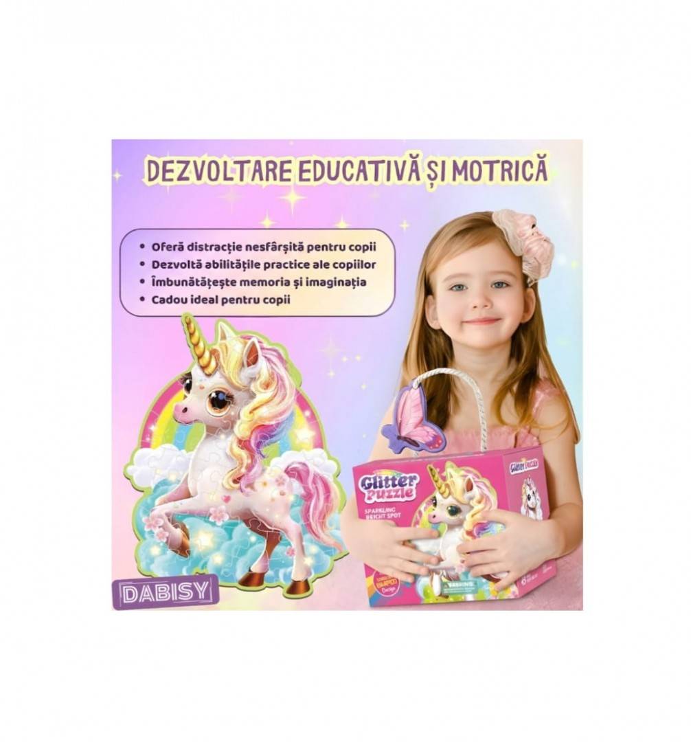Puzzle gigant, Unicorn, Glitter, carton gros, lucios, sclipicios, 45 piese, 70x95 cm, 3-6 ani, multicolor