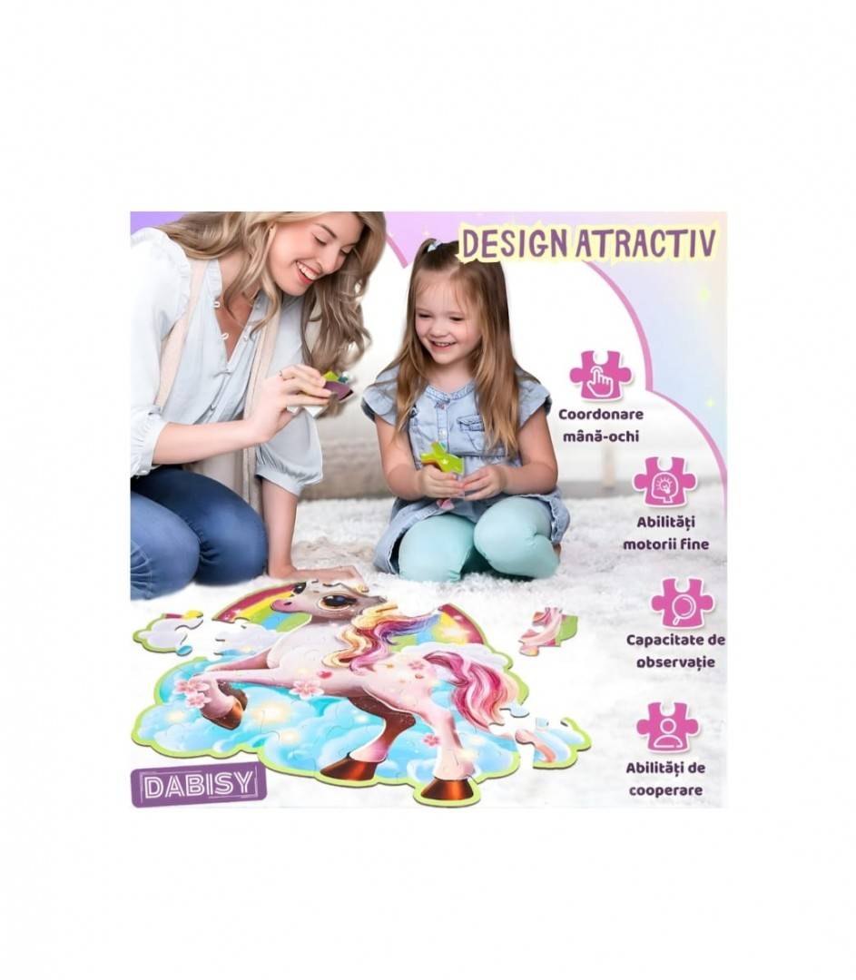 Puzzle gigant, Unicorn, Glitter, carton gros, lucios, sclipicios, 45 piese, 70x95 cm, 3-6 ani, multicolor