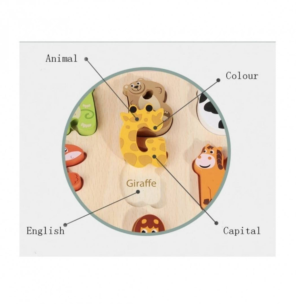Puzzle incastru, 3D, Alfabetul, forme de animale, multicolor, 31 cm