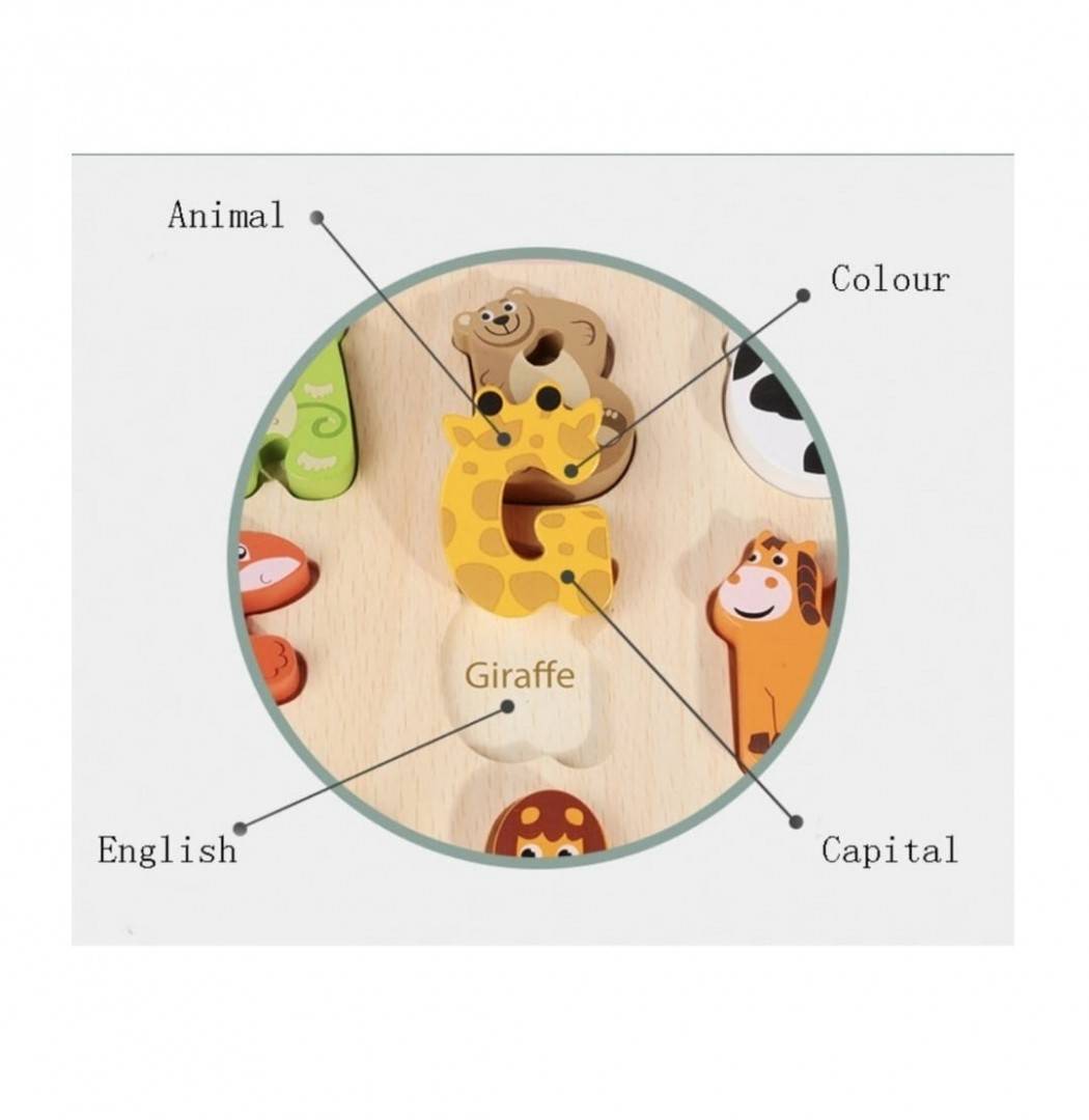 Puzzle incastru, 3D, Alfabetul, forme de animale, multicolor, 31 cm