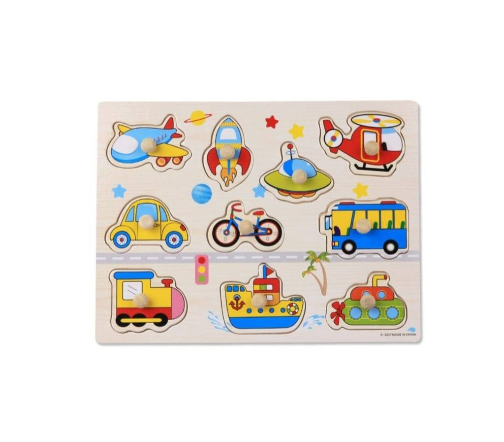 Puzzle incastru cu butoni, model Vehicule, lemn