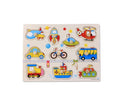 Puzzle incastru cu butoni, model Vehicule, lemn