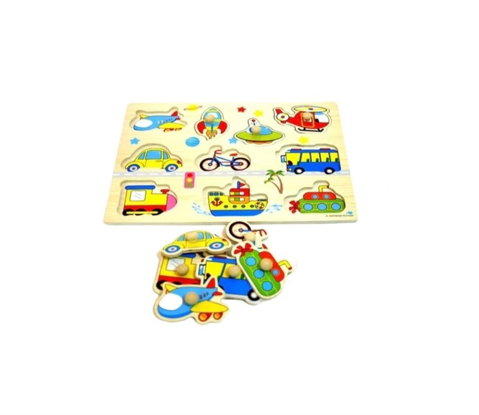 Puzzle incastru cu butoni, model Vehicule, lemn