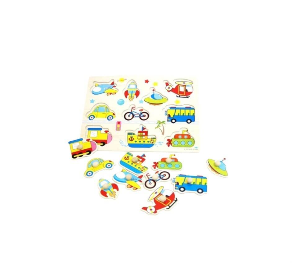 Puzzle incastru cu butoni, model Vehicule, lemn
