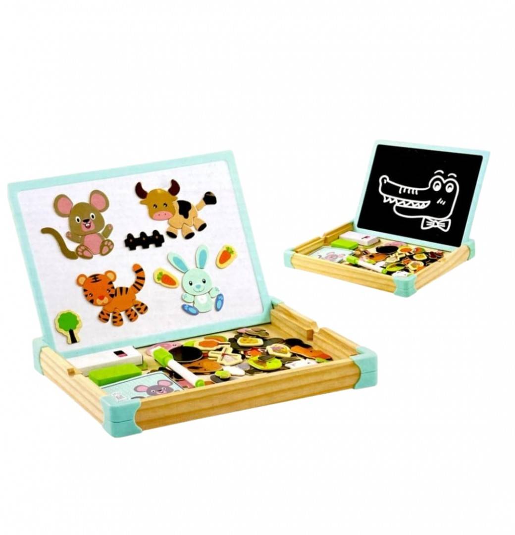 Puzzle magnetic si tabla, Animale, lemn, multicolor