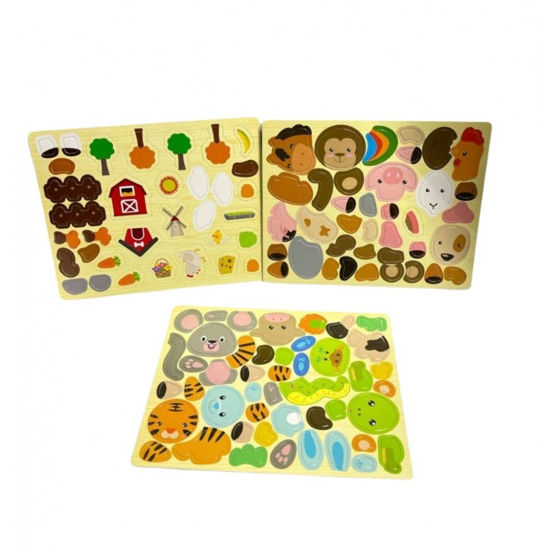 Puzzle magnetic si tabla, Animale, lemn, multicolor