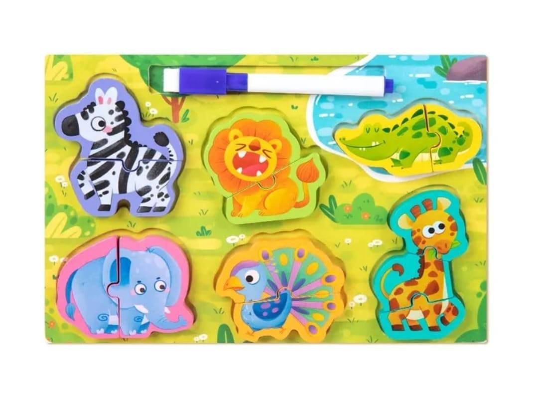 Puzzle reversibil, Animalute, 2 in 1, 7 piese, lemn, multicolor