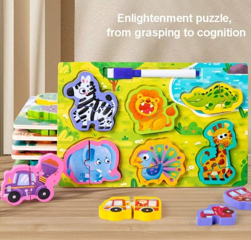 Puzzle reversibil, Animalute, 2 in 1, 7 piese, lemn, multicolor