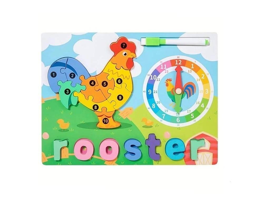 Puzzle reversibil, Cocos, Ceas, 2 in 1, 17 piese, lemn, multicolor