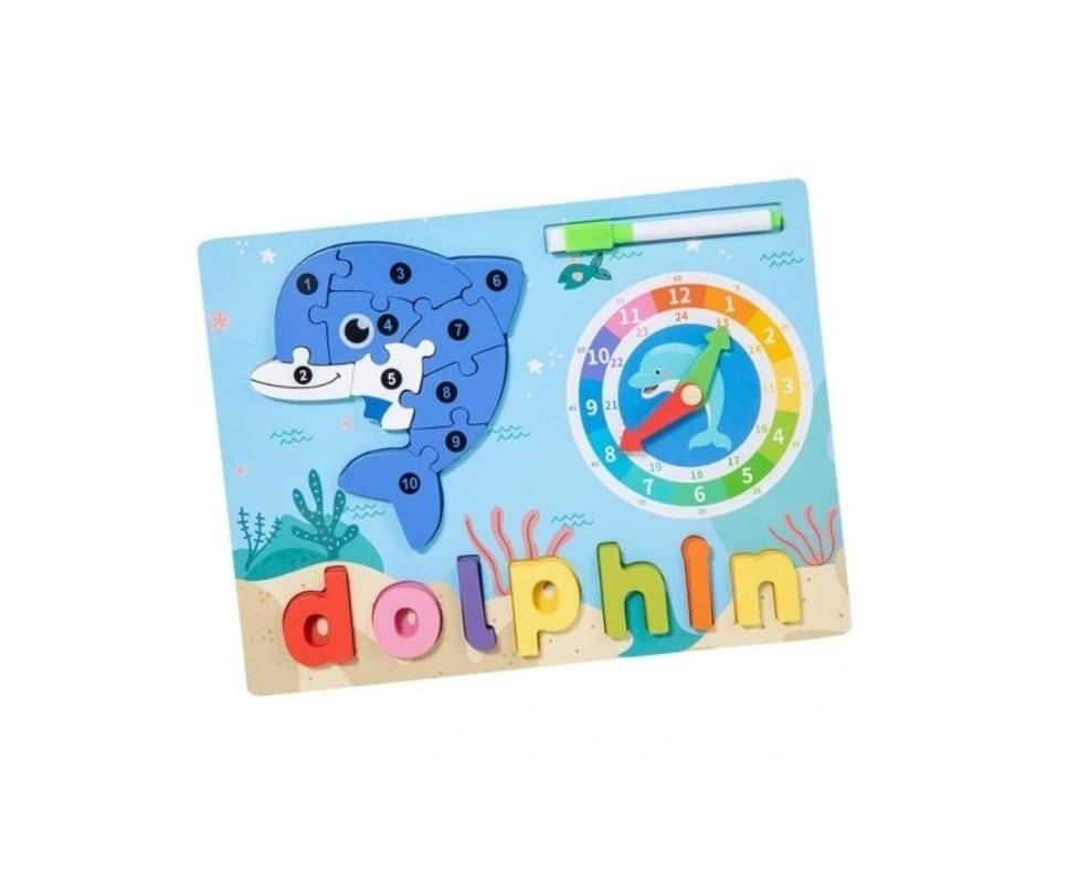Puzzle reversibil, Delfin, Ceas, 2 in 1, 17 piese, lemn, multicolor