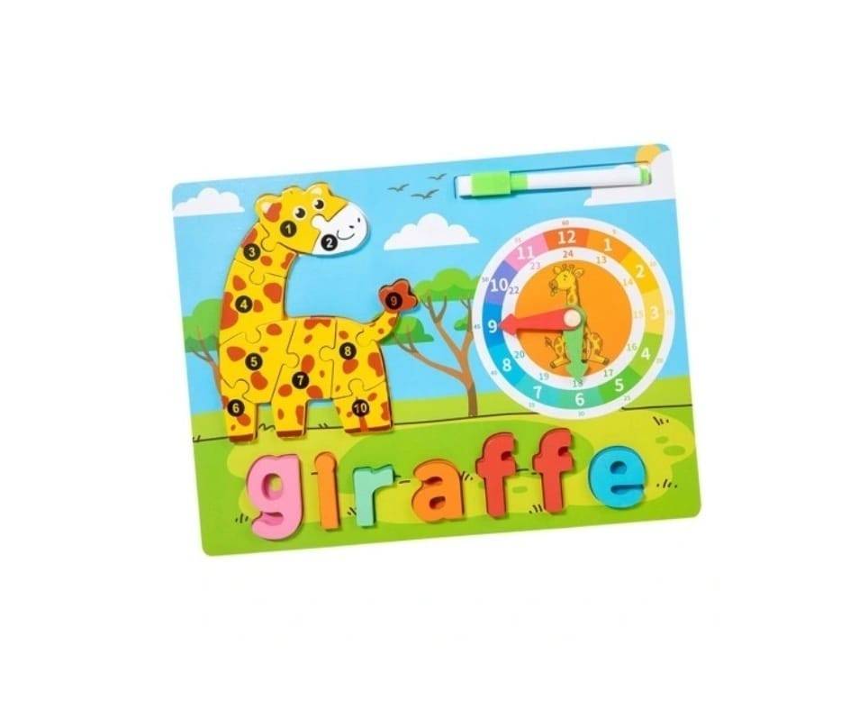 Puzzle reversibil, Girafa, Ceas, 2 in 1, 17 piese, lemn, multicolor