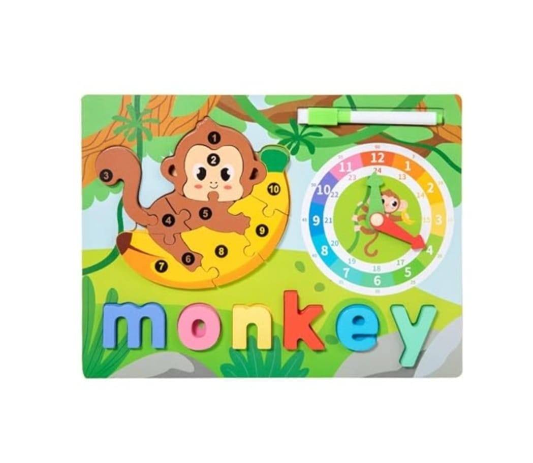 Puzzle reversibil, Maimuta, Ceas, 2 in 1, 17 piese, lemn, multicolor
