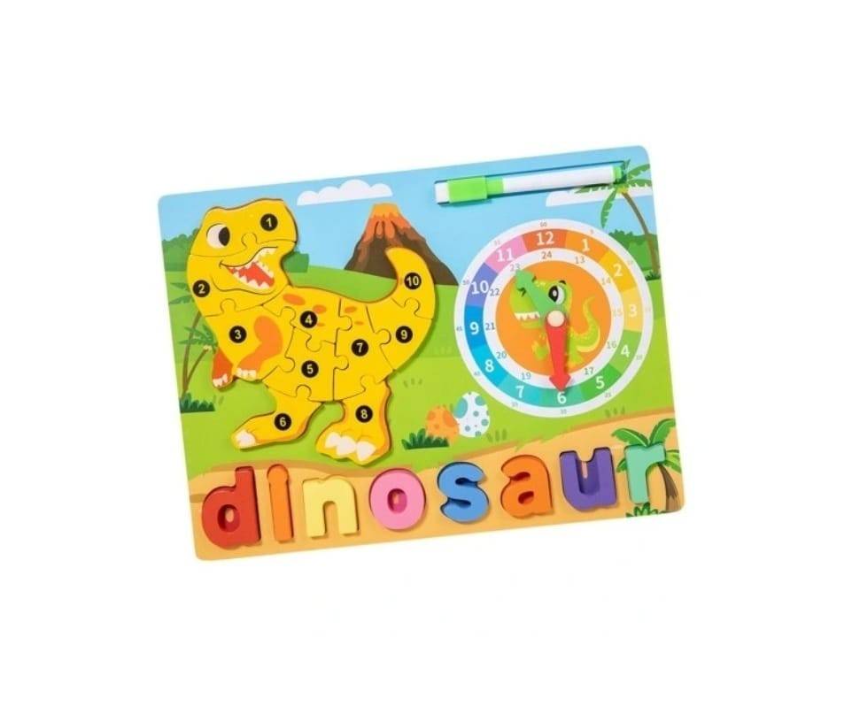 Puzzle reversibil, Dinosaur, 2 in 1, 17 piese, lemn, multicolor
