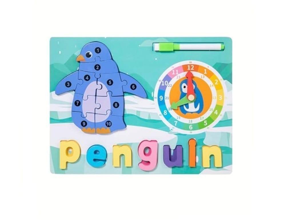 Puzzle reversibil, Pinguin, Ceas, 2 in 1, 17 piese, lemn, multicolor