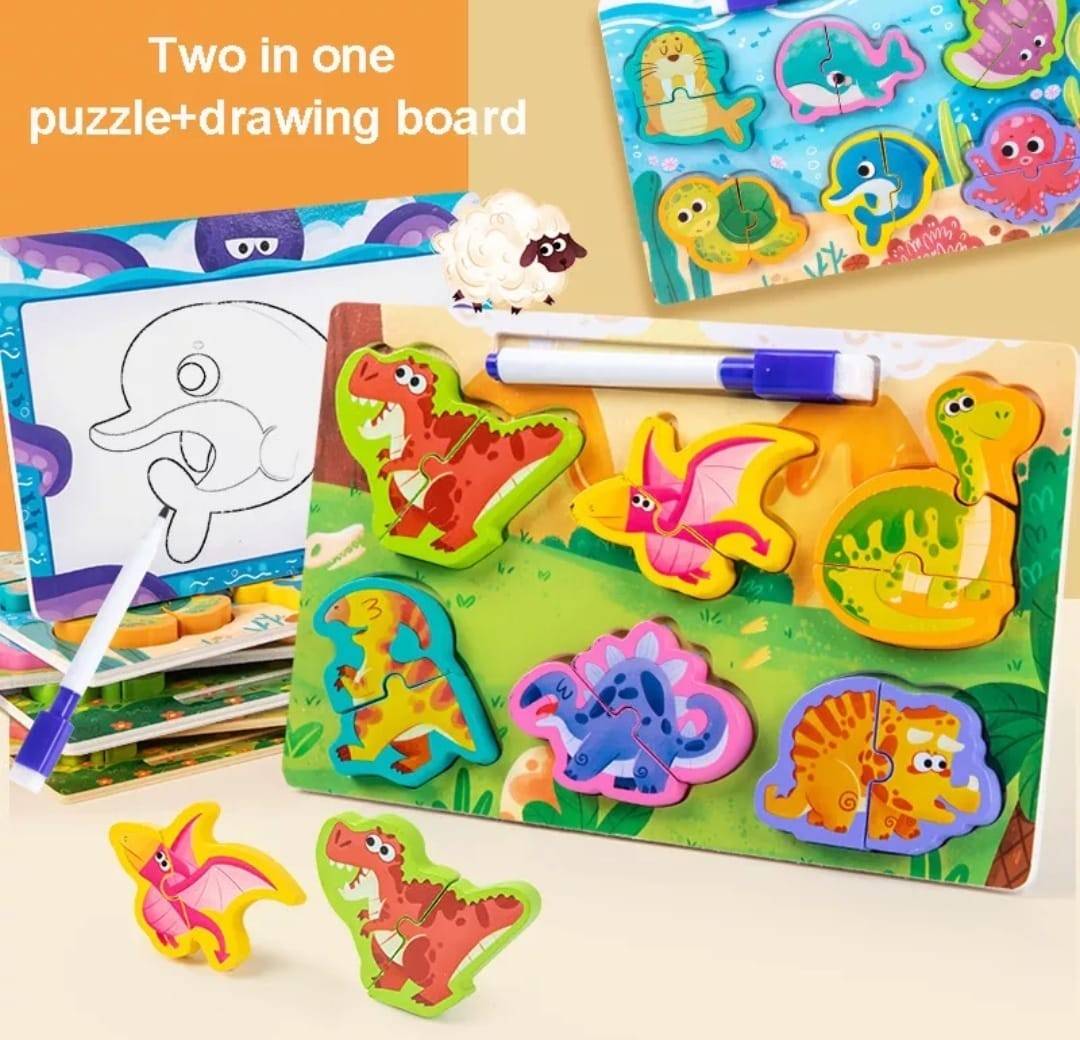 Puzzle reversibila, Dino, 2 in 1, 7 piese, lemn, multicolor